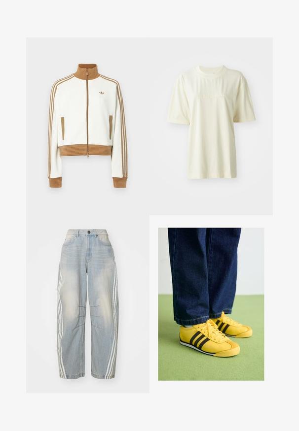 Chaqueta blanca cropped con un cuello y puños de color marrón con canalé. Cuenta con dos bolsillos laterales y tres rayas marrones a lo largo de las mangas. Logo bordado.; Camiseta de algodón color crema con cuello redondo, mangas cortas y logo "adidas" en relieve en el pecho. Textura suave y corte relajado.; Jeans de denim azul claro con corte holgado, que presentan franjas blancas a los lados, detalles desgastados y un cierre de botón en la cintura.; Zapatillas de cuero amarillas con rayas negras, una puntera texturizada y suela blanca, combinadas con jeans de mezclilla oscuros, sobre una superficie verde.