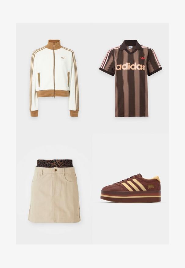 Hvid cropped jakke med en ribbet brun krave og mansjetter. Har to sidelommer og tre brune striber langs ærmerne. Broderet logo.; Brunstribet Adidas polo-shirt med V-hals, bordeaux krave og rødt logo. Har hvide og røde skulderstriber samt korte ærmer.; Tan denim nederdel med en brun leopardmønstret elastisk talje, forlommer og en lige pasform, der har synlige syninger.; Brune ruskinds sneaker med gule detaljer, der har tre laterale striber, en tyk platformssål og en guldslogo detalje.