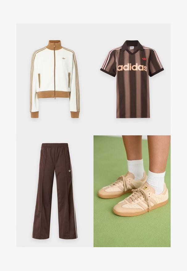 Hvid cropped jakke med en ribbet brun krave og mansjetter. Har to sidelommer og tre brune striber langs ærmerne. Broderet logo.; Brunstribet Adidas polo-shirt med V-hals, bordeaux krave og rødt logo. Har hvide og røde skulderstriber samt korte ærmer.; Brune atletiske bukser med vidde ben, hvide striber på siden, elastisk linning og to sidelommer. Har et lille logo på benet.; Fødder iført beige vævede Adidas sneakers med gummisåler og hvide ankelsokker på en grøn struktureret gulv.