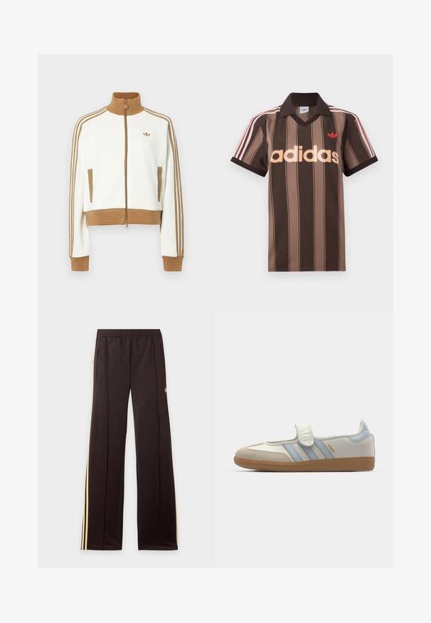Hvid cropped jakke med en ribbet brun krave og mansjetter. Har to sidelommer og tre brune striber langs ærmerne. Broderet logo.; Brunstribet Adidas polo-shirt med V-hals, bordeaux krave og rødt logo. Har hvide og røde skulderstriber samt korte ærmer.; Sorte træningsbukser med gule sidelister, elastisk taljebånd, lynlåslommer i siderne og en lille logo på den øvre lår.; adidas Originals SAMBA JANE BALLERINA - Ballerinasko m/ rem - cloud white/halo blue