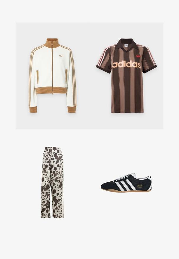 Weißes gekürztes Jacket mit einem gerippten braunen Kragen und Bündchen. Verfügt über zwei Seitentaschen und drei braune Streifen entlang der Ärmel. Besticktes Logo.; Braunes gestreiftes Adidas-Poloshirt mit V-Ausschnitt, bordeauxrotem Kragen und rotem Logo. Mit weißen und roten Schulterstreifen, kurzen Ärmeln.; adidas Originals COW PRINT SATIN WIDE LEG - Jogginghose - multicolor off white; Schwarze Wildledersneaker mit drei weißen Streifen, goldenem Logo und brauner Gummisohle. Merkmale ein niedrigprofiliertes Schnürdesign.