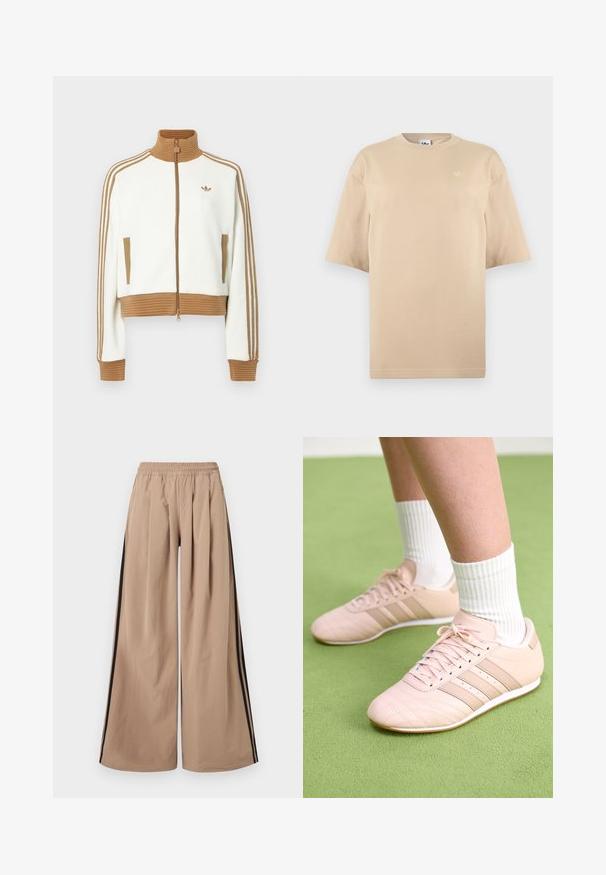 Hvid cropped jakke med en ribbet brun krave og mansjetter. Har to sidelommer og tre brune striber langs ærmerne. Broderet logo.; Beige oversized t-shirt med korte ærmer, rund hals og lille hvid Adidas trefoil-logo på øverste venstre bryst.; Beige bukser med vide ben med elastisk talje og sorte striber, der løber ned ad ydersiden af hvert ben.; Lyselyserøde træningssko med diagonal syning, hvide såler og tre sidelægstriber. Båret med ribbede hvide sokker på en grøn overflade.
