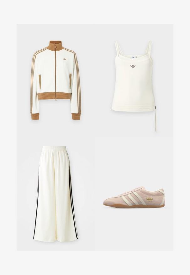 Chaqueta blanca cropped con un cuello y puños de color marrón con canalé. Cuenta con dos bolsillos laterales y tres rayas marrones a lo largo de las mangas. Logo bordado.; Camiseta sin mangas color crema con tirantes finos; logotipo de Adidas en negro en el pecho. Tela suave con detalle de cordón en el dobladillo. Diseño sencillo.; Pantalones anchos blancos con cintura elástica y rayas verticales negras a lo largo de las costuras exteriores.; adidas Originals TOKYO - Zapatillas - quartz/off white