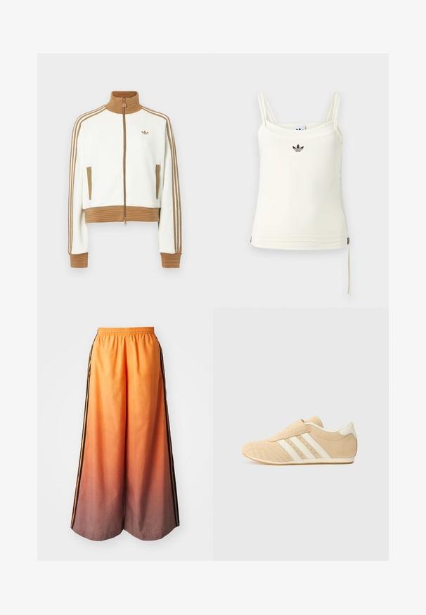 Weißes gekürztes Jacket mit einem gerippten braunen Kragen und Bündchen. Verfügt über zwei Seitentaschen und drei braune Streifen entlang der Ärmel. Besticktes Logo.; Cremefarbenes Tanktop mit dünnen Trägern; Adidas-Logo in Schwarz auf der Brust. Glatter Stoff mit Kordelzug-Detail am Saum. Einfaches Design.; Orangene Gradient-Hosen mit weitem Bein und einem schwarzen Seitestreifen, ausgestattet mit einem elastischen Taillenbund und leichtem Material.; Tan- und cremefarbene Sportschuhe mit einem glatten Lederoberteil, drei weißen Streifen an der Seite und einer abgerundeten Zehenpartie. Strukturiertes Obermaterial mit Perforationen.