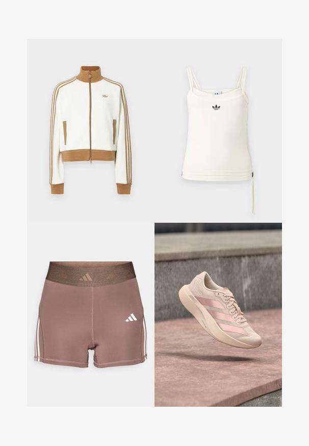 Hvid cropped jakke med en ribbet brun krave og mansjetter. Har to sidelommer og tre brune striber langs ærmerne. Broderet logo.; Cremefarvet tanktop med tynde stropper; Adidas-logo i sort på brystet. Glat stof med en snorejustering ved kanten. Enkel design.; Brune træningsshorts med en bred, tekstureret talje. Har hvide tre-stribede accenter langs siderne og et lille hvidt logo.; Lyserød sneaker med tre mørkere lyserøde striber og snørebånd, svævende i luften over en stens overflade og trin i baggrunden.