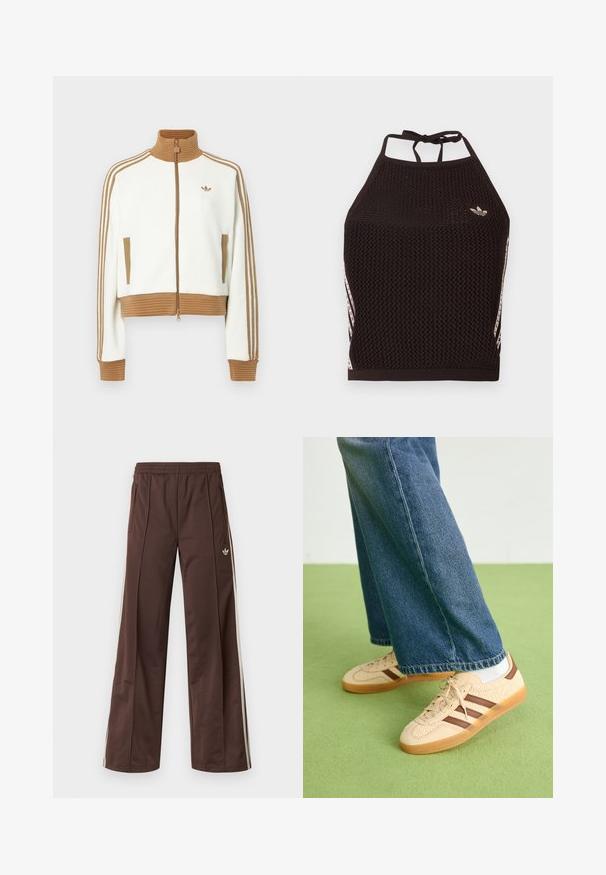 Hvid cropped jakke med en ribbet brun krave og mansjetter. Har to sidelommer og tre brune striber langs ærmerne. Broderet logo.; Sort mesh halter crop top med tekstureret design. Har pink accentstriber og en lille logo foran. Lukning med bånd bagpå.; Brune atletiske bukser med vidde ben, hvide striber på siden, elastisk linning og to sidelommer. Har et lille logo på benet.; Beige sneakers med teksturerede cremefarvede paneler og brune striber, parret med blå denim jeans. Jeansene har brede ben og en frynset kant.