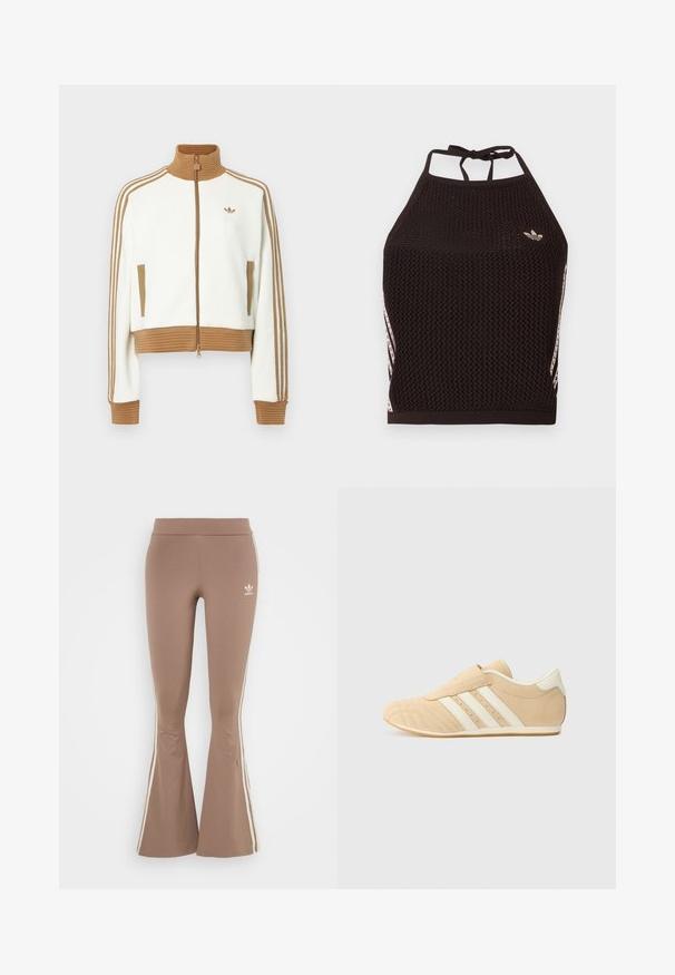 Veste blanche raccourcie avec un col et des poignets côtelés marron. Comprend deux poches latérales et trois bandes marron le long des manches. Logo brodé.; Haut court en maille noire avec un design texturé. Présente des bandes d'accent roses et un petit logo à l'avant. Fermeture à nouer dans le dos.; Leggings bruns évasés en tissu extensible, avec des bandes latérales blanches et un petit logo blanc sur la cuisse gauche. Texture lisse.; Baskets de sport beiges et crème avec une tige en cuir lisse, trois rayures blanches sur le côté et un bout arrondi. Tige texturée avec des perforations.