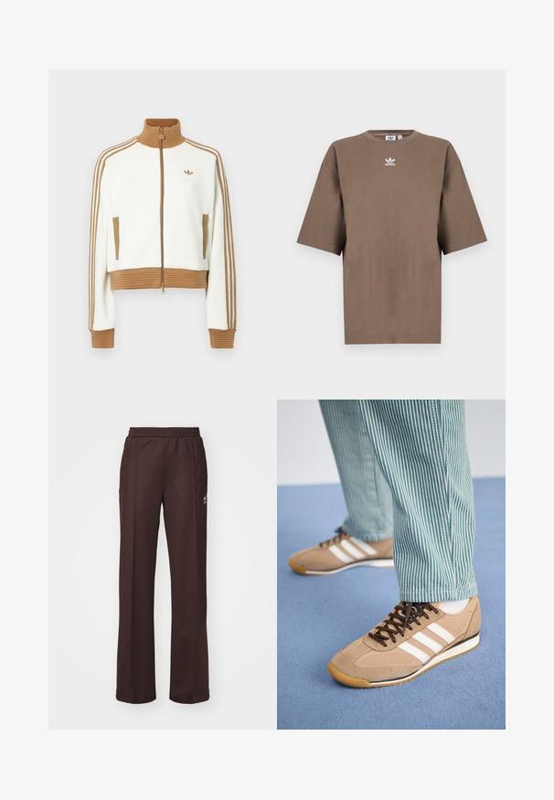 Hvid cropped jakke med en ribbet brun krave og mansjetter. Har to sidelommer og tre brune striber langs ærmerne. Broderet logo.; Brun bomulds t-shirt med korte ærmer, rund hals og hvid Adidas-logo centreret på brystet, som har et enkelt design og en afslappet pasform.; Brune træningsbukser med elastisk talje, to sidelommer og et lille logo på venstre side, lavet af et blødt stof.; Tan ruskind og mesh sneakers med brune snørebånd og tre hvide striber. Parret med grønne og hvide stribede bukser, hviler på en blå overflade.