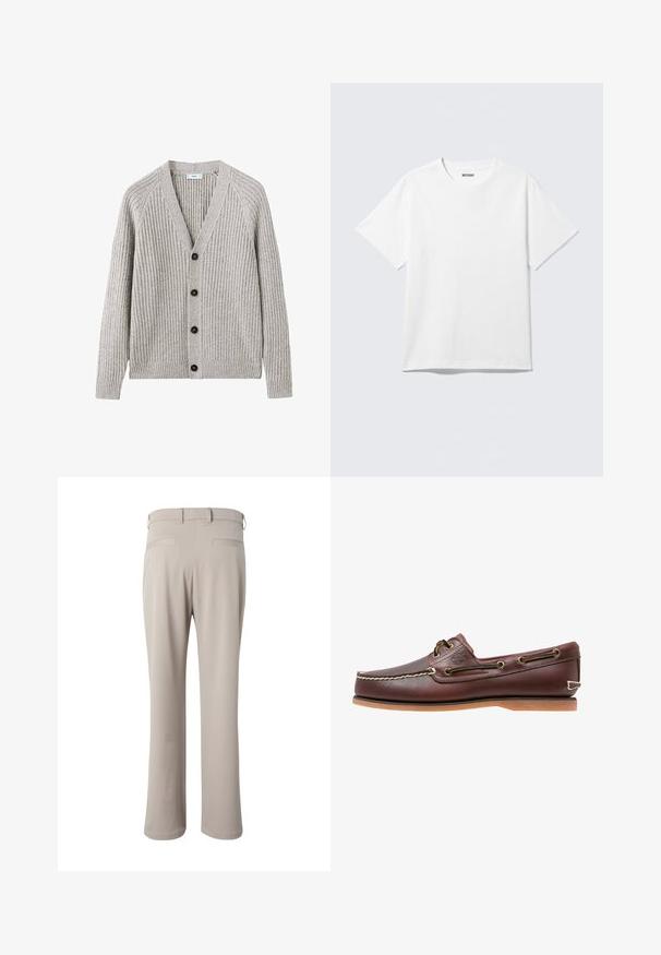 Cárdigan gris de punto acanalado que presenta un escote en V, cinco botones negros y mangas largas con puños acanalados y dobladillo. Textura suave y diseño casual.; Camiseta blanca de manga corta con cuello redondo, colocada plana, diseño liso, con etiqueta "WEEKDAY" en el interior del cuello sobre un fondo claro.; Pantalones beige de corte recto mostrados por detrás, con trabillas para cinturón y dos bolsillos de vivo en la cintura.; Zapato náutico de cuero marrón con costuras blancas, detalles de cordones y suela de goma color coñac, mostrado de lado sobre un fondo blanco.
