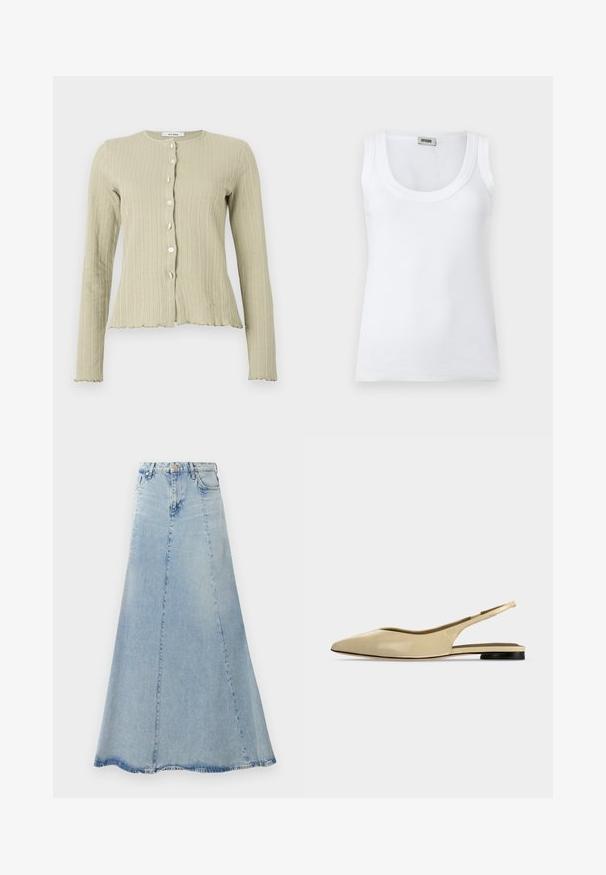 Lys grøn ribbad cardigan med rund halsudskæring, lange ærmer, knaplukning foran og bølget kantdetaljer.; Hvid ribbet ærmeløs tanktop med rund halsudskæring og mærkelabel ved kraven bagpå, vist på en ensfarvet hvid baggrund.; Lyseblå denimnederdel med en udvidet A-form, der har en lukning med knapper foran, bæltesløjfer og synlig syning.; Beige spids tå slingback flad sko med lav sort hæl og en glat læderfinish, vist fra siden på en ensfarvet baggrund.