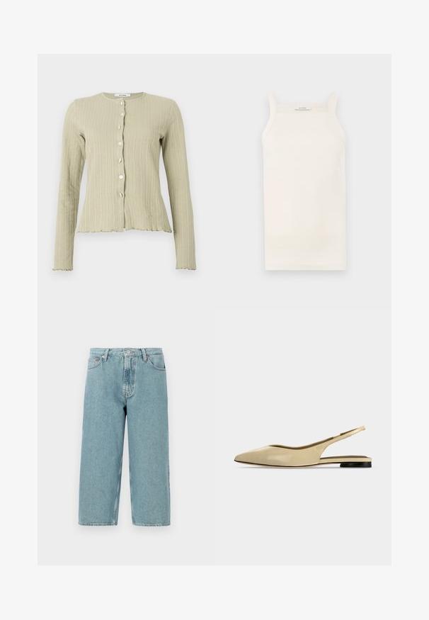 Lys grøn ribbad cardigan med rund halsudskæring, lange ærmer, knaplukning foran og bølget kantdetaljer.; Cremefarvet ribbet tanktop med tynde stropper, tætsiddende design og lige kant. Etiketten siger "IVY OAK." Materialet ser blødt og strækbart ud.; Lyseblå denimshorts med høj talje, lige snit og rå kant. Har en klassisk knap- og lynlåslukning samt fire lommer.; Beige spids tå slingback flad sko med lav sort hæl og en glat læderfinish, vist fra siden på en ensfarvet baggrund.