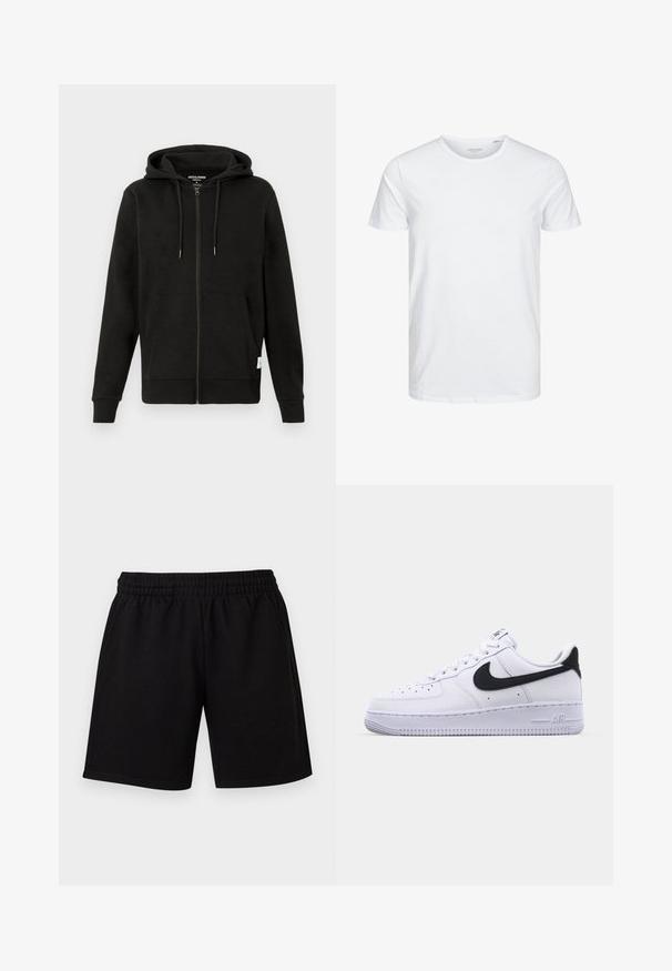 Veste à capuche zippée noire avec cordons de serrage, poches avant, poignets et ourlet côtelés, texture douce et logo subtil à l'intérieur du col.; T-shirt à col rond à manches courtes de couleur blanche unie, fabriqué en coton doux, avec un design simple sans motifs ni accents visibles.; Shorts décontractés noirs avec taille élastique et poches latérales, présentés sur un fond clair uni.; Sneaker en cuir blanc avec un Swoosh noir texturé, des lacets plats et une semelle en caoutchouc avec un motif strié. "AIR" est embossé sur le talon.