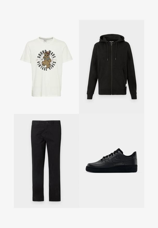 Schwarzer Reißverschluss-Hoodie mit einer Kordelzugkapuze, frontalen Taschen, gerippten Bündchen und Saum, weicher Textur und subtiler Markenkennzeichnung in den Kragen.; Weißes Baumwoll-T-Shirt mit einem Grafikdruck eines Bären in Sonnenbrille und Hut, mit dem Text "SOUND WAVE VINTAGE VIBES" in fetter Schrift.; Schwarze Baumwoll-Chinos mit geradem Bein, ausgestattet mit einem Knopfverschluss und Fronttaschen, glatter Textur und minimalen Nahtdetails.; Schwarzer Nike Air Force 1 Schuh mit einem glatten Lederoberteil, perforierter Zehenpartie für Atmungsaktivität, schwarzen Schnürsenkeln und einer strukturierten Gummisohle.