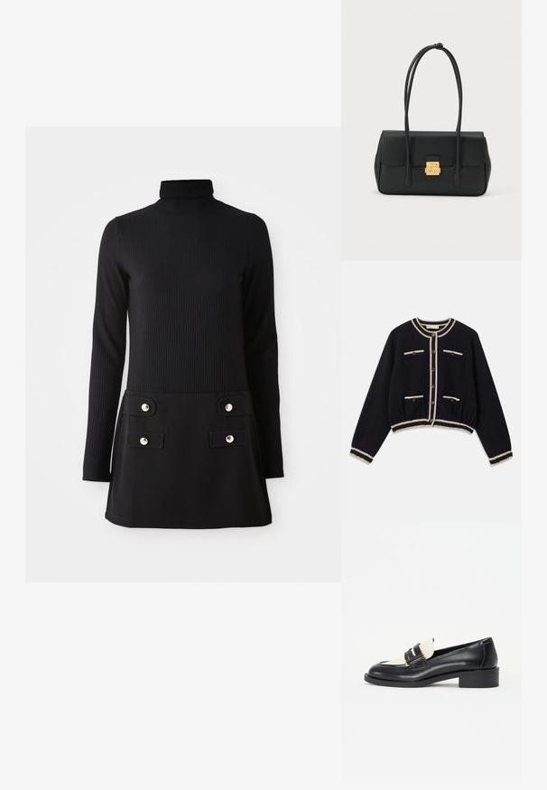 Cardigan noir court avec des bords crème, présentant un col rond, une fermeture à boutons et deux poches poitrine. Tissu tricoté avec des poignets côtelés.; Robe noire en maille côtelée à col roulé, avec manches longues, présentant un corsage ajusté et une jupe évasée avec deux poches avant et des boutons dorés.; Loafer en cuir noir avec un empeigne en crème contrastante, doté de deux sangles décoratives avec des accessoires en or et un design de talon bloc.; Sac à épaule en cuir noir avec longues bretelles doubles et fermoir rectangulaire doré sur le rabat avant.