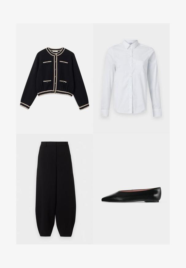 Cardigan noir court avec des bords crème, présentant un col rond, une fermeture à boutons et deux poches poitrine. Tissu tricoté avec des poignets côtelés.; Chemise blanche à manches longues en coton, avec col, ouverture boutonnée à l'avant, et une poche poitrine unique. Texture lisse. Sans motifs.; Pantalon noir à jambes larges et courtes, taille haute, sans poches visibles ni ornements.; Chaussure plate en cuir noir pour femme, avec bout pointu et petit talon, vue de côté sur un fond gris clair uni.
