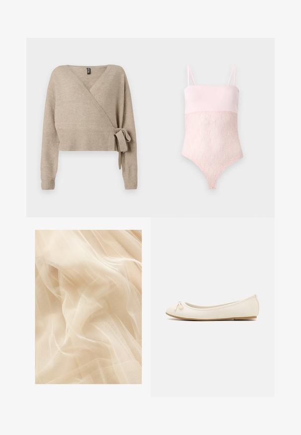 Beige strikket omslagstrøje med lange ærmer, ribbede manchetter og kant samt en sidebinding på højre side.; Lyserød blondebody med spaghettistropper og en glat topsektion mod en ensfarvet lys baggrund.; Lys beige tylstof med en blød, gennemsigtig tekstur, der har et fint netvæv, som skaber bløde bølger og folder.; Balletflade i crèmefarve med en rund tå, en lille sløjfedetalje foran og en struktureret beige sål. Glat syntetisk materiale.
