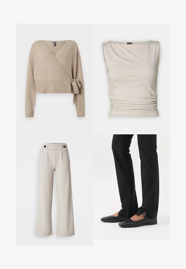 Beige strikket omslagstrøje med lange ærmer, ribbede manchetter og kant samt en sidebinding på højre side.; Gina Tricot SOFT TOUCH BOATNECK TOP - Top - pumice stone; Plisserede bukser med vidde i lys beige stof med en glat tekstur, der har en samlet talje og to sorte knapper i taljen.; Ben iført sorte smalle bukser med forreste slidser ved kanten, parret med sorte flade Mary Jane-sko med lille spænde.