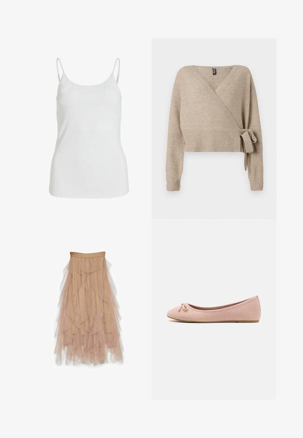Cardigan en tricot beige avec des manches longues, des poignets et un ourlet côtelés, et un nœud sur le côté droit.; Débardeur blanc en tissu lisse, avec de fines bretelles spaghetti et un design simple et sans embellissement.; Vero Moda VMEVE High waist Long - Jupe longue - light taupe; Des ballerines en suede rose doux avec un bout arrondi et un petit nœud sur le devant, dotées d'une semelle plate basse.
