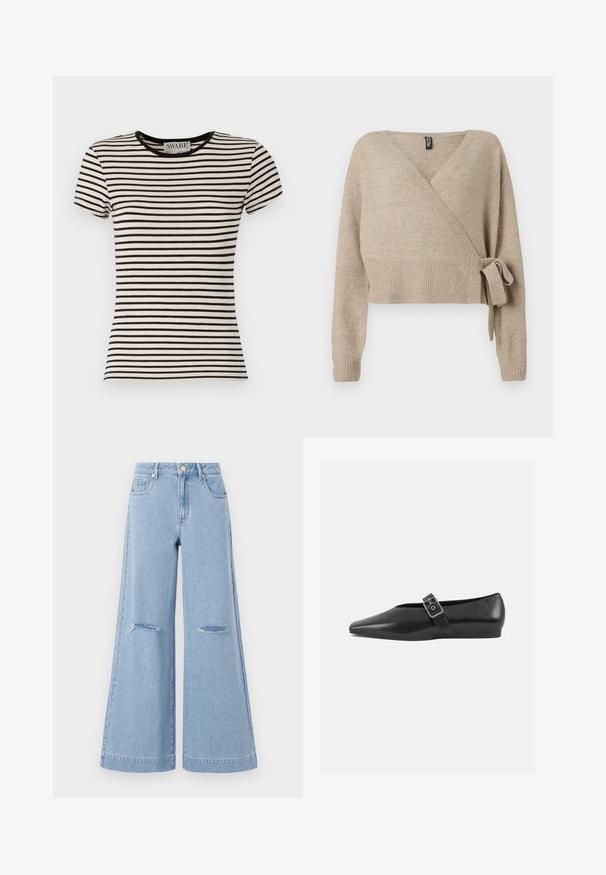 Beige strikket omslagstrøje med lange ærmer, ribbede manchetter og kant samt en sidebinding på højre side.; Sort og creme-stribet kortærmet t-shirt med rund hals, lavet af blødt stof. Lige snit med en pæn finish. AWARE branding synligt.; Lyseblå bredbenede jeans med høj talje, der har to forlommer og to slidte knædetaljer, fremstillet af denimmateriale.; Sorte læder flade sko med spidse tæer, prydet med en metallisk spænde over vristen og en lav, fleksibel sål.