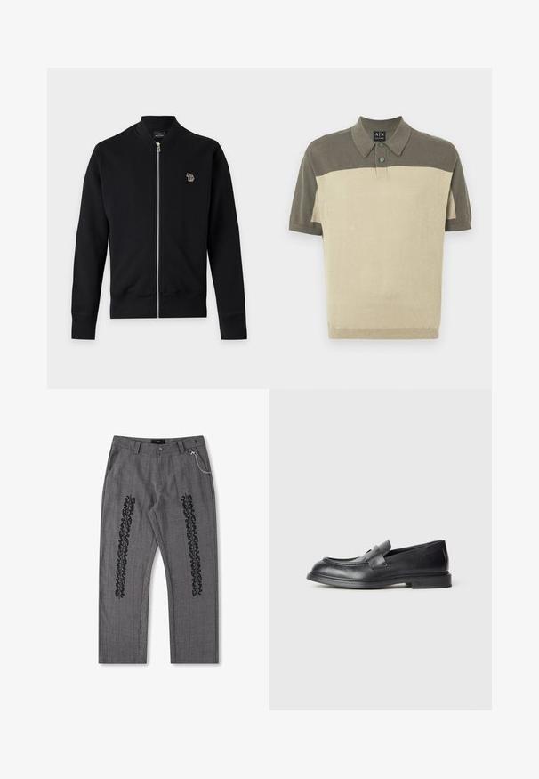 Veste noire zippée à manches longues avec poignets côtelés, avec un petit logo zèbre multicolore sur la poitrine gauche.; Polo à manches courtes pour homme avec deux tons vert-gris, col boutonné et étiquette Armani Exchange à l'intérieur du col.; Pantalons à carreaux gris avec des détails en texte noir sur les côtés, présentant un accent de chaîne sur la taille. Conception à jambe droite, tissu texturé.; Mocassins en cuir noir avec une finition texturée, dotés d'une bride décorative à l'avant et d'un bout arrondi. Semelle en caoutchouc pour plus de durabilité.