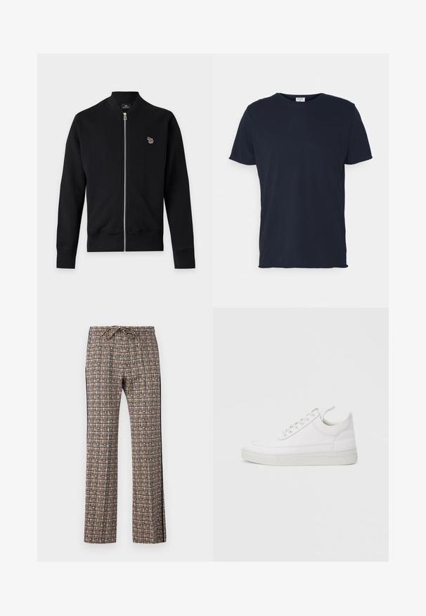 Veste noire zippée à manches longues avec poignets côtelés, avec un petit logo zèbre multicolore sur la poitrine gauche.; T-shirt en coton bleu marine avec un col rond et des manches courtes, présentant une texture lisse et un design simple, sans motifs ni accents visibles.; Pantalons larges à motif avec une taille à cordon. Présente un design en quadrillage rose, noir, blanc et vert, avec des accents floraux.; Baskets en cuir blanc avec un embout arrondi, une semelle plate et un laçage à l'avant. Présentent des détails de couture et un col rembourré pour plus de confort.