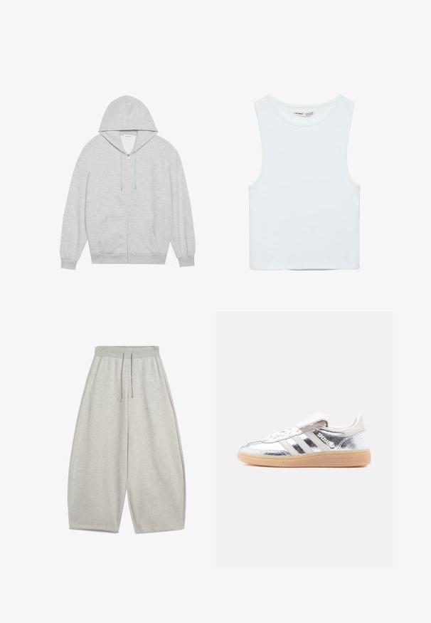 Grå zip-up hættejakke med en stor hætte, lange ærmer og frontlommer. Glat tekstur med en løs pasform og minimal detailing.; Hvid ærmeløs crop top med rund halsudskæring, lavet af glat stof, mærket Pull&Bear, egnet til afslappet brug.; Lys grå brede sweatpants med elastisk talje og snørebånd, udstyret med sidelommer og afslappet pasform.; Sølvmetallic Adidas Spezial-sneaker med hvide striber og gummisål, vist fra venstre side på en ensartet hvid baggrund.
