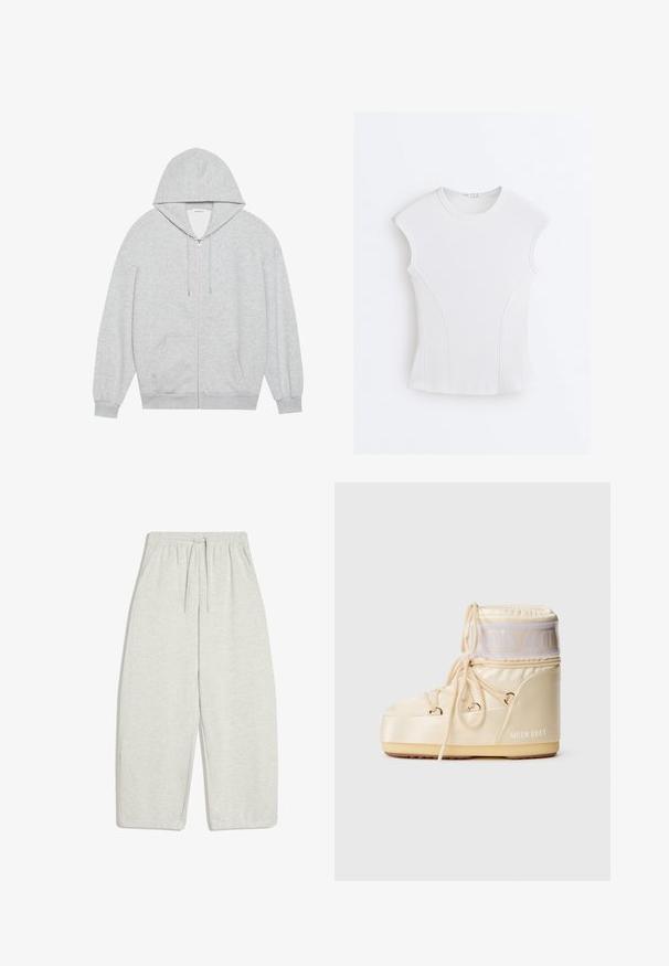 Haut à capuche zippé gris avec une grande capuche, des manches longues et des poches avant. Texture lisse avec une coupe décontractée et un minimum de détails.; Haut sans manches blanc côtelé avec encolure ronde et détails de coutures courbes sur un fond blanc uni.; Pantalon de jogging gris clair coupe ample avec taille élastique, cordon, poches latérales et poignets élastiques.; Botte d'hiver rembourrée de couleur crème avec une semelle épaisse, un devant à lacets et un logo "MOON BOOT" sur le côté et le haut de la manche.