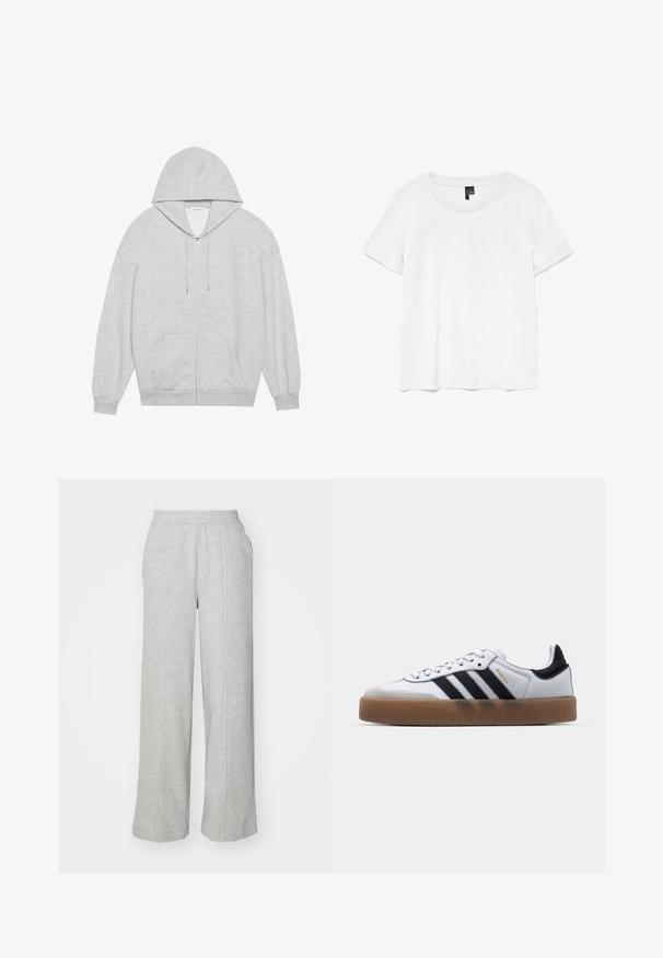 Grijze zip-up hoodie met een grote capuchon, lange mouwen en zijzakken. Glad formaat met een comfortabele pasvorm en minimale details.; Witte t-shirt met korte mouwen en een ronde hals, gemaakt van lichte stof. Eenvoudig ontwerp, gladde textuur en rechte zoom.; Grijze joggingsbroek van zacht materiaal, met een wijd uitlopende pasvorm, elastische tailleband en zijzakken. Eenvoudig en casual uiterlijk.; Witte leren sneakers met zwarte strepen, gumrubberen buitenzool, ronde neus, vetersluiting en een zachte grijze suède neuskap.