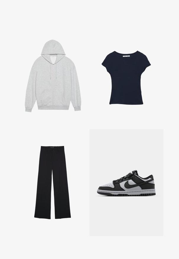 Grijze zip-up hoodie met een grote capuchon, lange mouwen en zijzakken. Glad formaat met een comfortabele pasvorm en minimale details.; Marineblauw T-shirt met korte mouwen, gemaakt van zacht katoen. Voorzien van een ronde halslijn en een ontspannen pasvorm. Eenvoudig ontwerp zonder patronen of accenten.; Zwarte broek met wijde pijpen, voorzien van ceintuurlussen, een knoopsluiting aan de voorkant en een rits, plat gelegd op een witte achtergrond.; Zwarte en grijze Nike Dunk lage sneakers met geperforeerde neus, gladde leren accenten en rubberen zool met een gestructureerd profiel.