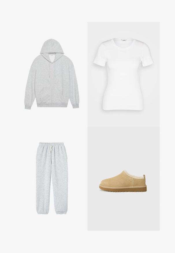 Grå zip-up hættejakke med en stor hætte, lange ærmer og frontlommer. Glat tekstur med en løs pasform og minimal detailing.; Hvid bomulds T-shirt med korte ærmer, rund halsudskæring og ribbet tekstur. Tætsiddende design med en glat, ren finish.; Grå sweatpants lavet af blødt stof, med en elastisk talje med snor og elastiske manchetter ved anklerne.; Suede slip-on sko i lys tan, med en blød pelsforing og tekstureret gummisål med en let hæl og bagestrop for nem påklædning.