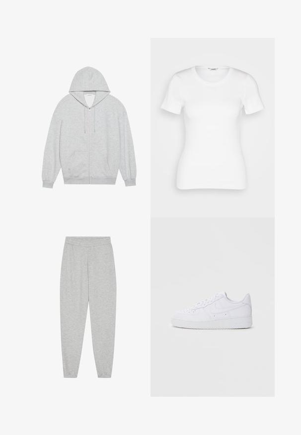 Grå zip-up hættejakke med en stor hætte, lange ærmer og frontlommer. Glat tekstur med en løs pasform og minimal detailing.; Hvid bomulds T-shirt med korte ærmer, rund halsudskæring og ribbet tekstur. Tætsiddende design med en glat, ren finish.; Lysegrå sweatpants lavet af blød bomuldsblanding, med elastisk talje, tynde ribbede ankler og ingen synlige lommer eller mønstre.; Hvide Nike Air Force 1 sneakers med læderoverdel, rund tå, snørelukning, polstret krave og struktureret gummisål.