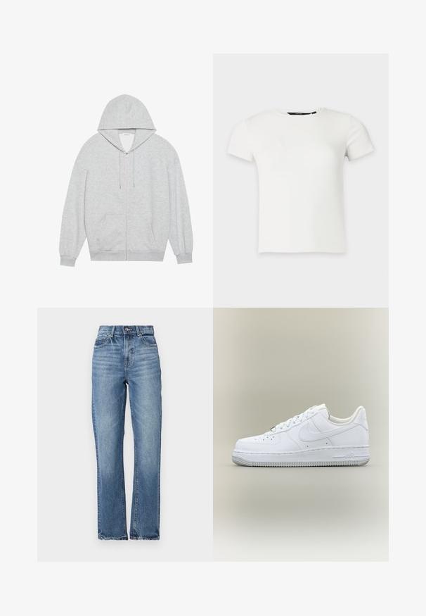Haut à capuche zippé gris avec une grande capuche, des manches longues et des poches avant. Texture lisse avec une coupe décontractée et un minimum de détails.; T-shirt blanc à manches courtes en maille côtelée avec col rond, présenté sur un fond uni gris clair.; Jean en denim bleu clair avec taille haute, coupe droite, peu d'effritement et style classique à cinq poches. Fermeture à bouton en bronze.; Baskets blanches basses Nike Air Force 1 avec lacets, bout perforé et semelle en caoutchouc texturée sur fond neutre.