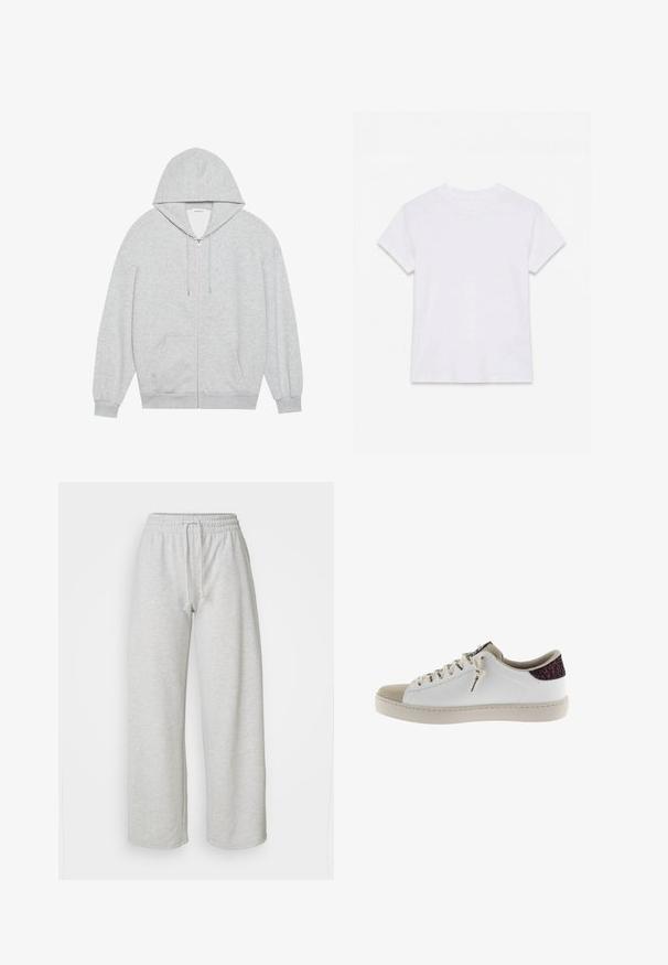 Grijze zip-up hoodie met een grote capuchon, lange mouwen en zijzakken. Glad formaat met een comfortabele pasvorm en minimale details.; Effen wit katoenen T-shirt met korte mouwen en ronde hals, plat gelegd op een witte achtergrond.; Even&Odd Petite by Zalando Trainingsbroek - mottled light grey; Witte sneaker met een grijze leren neus en een glinsterende bordeauxrode hielaccent. Voorzien van platte veters en een minimalistisch ontwerp.