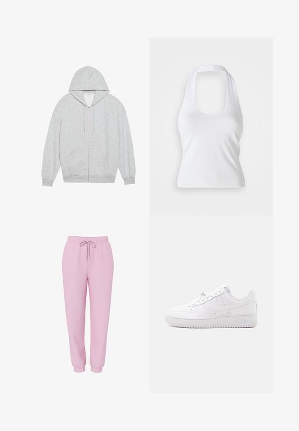 Grijze zip-up hoodie met een grote capuchon, lange mouwen en zijzakken. Glad formaat met een comfortabele pasvorm en minimale details.; Witte haltertop met een ronde halslijn, gemaakt van een gladde, rekbare stof. Heeft een minimalistisch ontwerp zonder versieringen of patronen.; Lichtroze joggingsbroek met elastische tailleband, trekkoord, zijzakken en elastische boorden, afgebeeld op een witte achtergrond.; Low-top witte sneaker met geperforeerde neus, vetersluiting, textuurschoen en een subtiel Swoosh-logo aan de zijkant.
