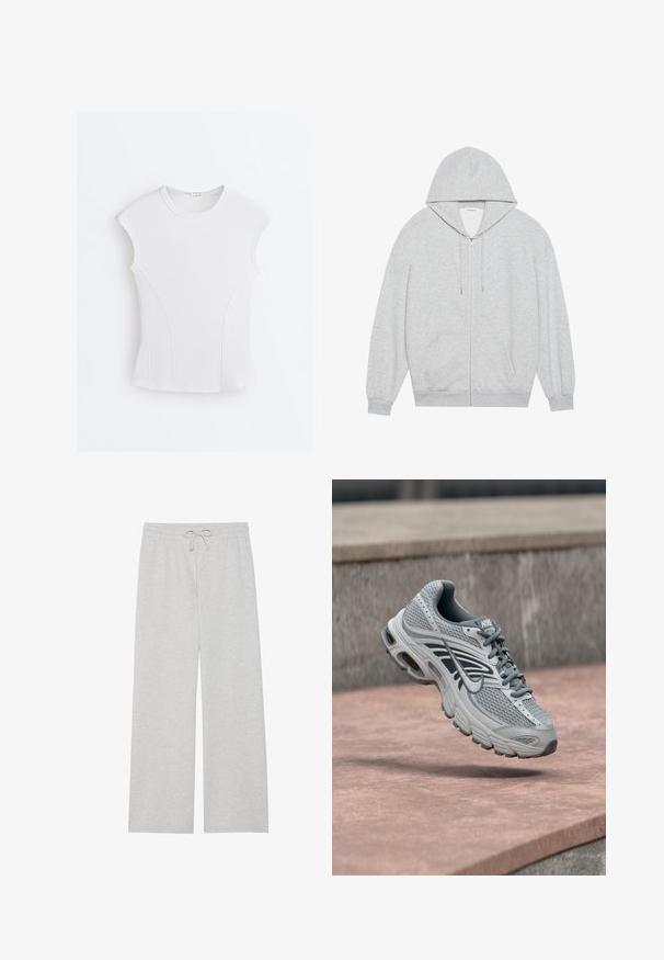 Grå zip-up hættejakke med en stor hætte, lange ærmer og frontlommer. Glat tekstur med en løs pasform og minimal detailing.; Hvid ribstrikket ærmeløs top med rund halsudskæring og buede sømdetaljer på en flad hvid baggrund.; Lys grå træningsbukser i blød bomuldsblanding, med en vidde ben-design, elastisk talje med justerbar snor og uden lommer.; Lys grå og hvid Nike løbesko med mesh-design, svævende over en stenet overflade udendørs.