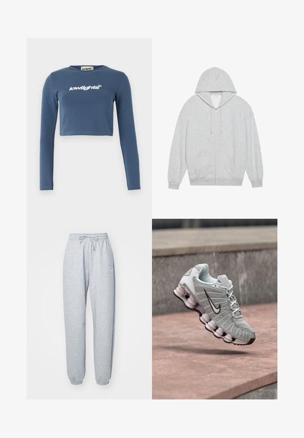 Grå zip-up hættejakke med en stor hætte, lange ærmer og frontlommer. Glat tekstur med en løs pasform og minimal detailing.; Blå cropped langærmet skjorte lavet af blødt bomuld, med hvid broderet "lowlights" logo på forsiden. Glat overflade, ribbet halsudskæring.; Lysgrå sweatpants lavet af blød bomuldsblanding, med elastisk talje og snoretræk, tapered ben og ribbede manchetter. Minimal brandingdetalje.; Lysegrå Nike-sneaker med sort swoosh-logo, hvide snørebånd og karakteristisk forårsagtig sål, vist svævende over en stensurface.