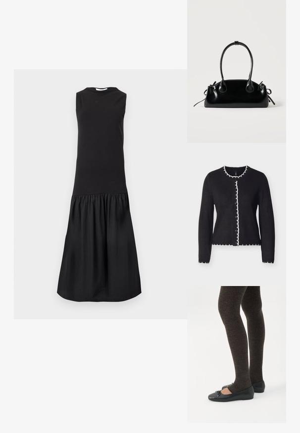 Cardigan noir avec un col rond, doté d'une bordure blanche à volants le long des bords et d'une fermeture à boutons noirs sur le devant.; Robe midi noire sans manches avec un corsage ajusté et une jupe froncée et évasée sous la taille sur un fond uni.; Jambes portant des leggings côtelés foncés associés à des ballerines noires avec de petits détails en nœud sur fond blanc.; Petit sac à main noir brillant avec deux longues anses et des détails à cordon sur les côtés sur un fond clair uni.
