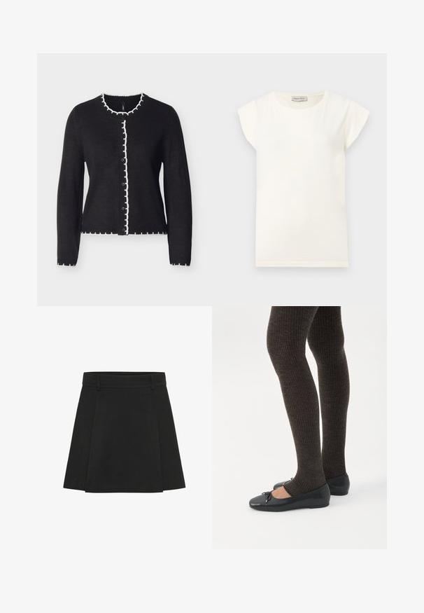 Cardigan noir avec un col rond, doté d'une bordure blanche à volants le long des bords et d'une fermeture à boutons noirs sur le devant.; T-shirt blanc à manches courtes avec un col rond et une coupe décontractée. Confectionné en tissu doux, avec une texture lisse et un design minimaliste.; Jupe plissée noire avec une taille structurée. Fabriquée à partir d'un tissu texturé, elle présente des plis distincts et un ourlet droit.; Jambes portant des leggings côtelés foncés associés à des ballerines noires avec de petits détails en nœud sur fond blanc.