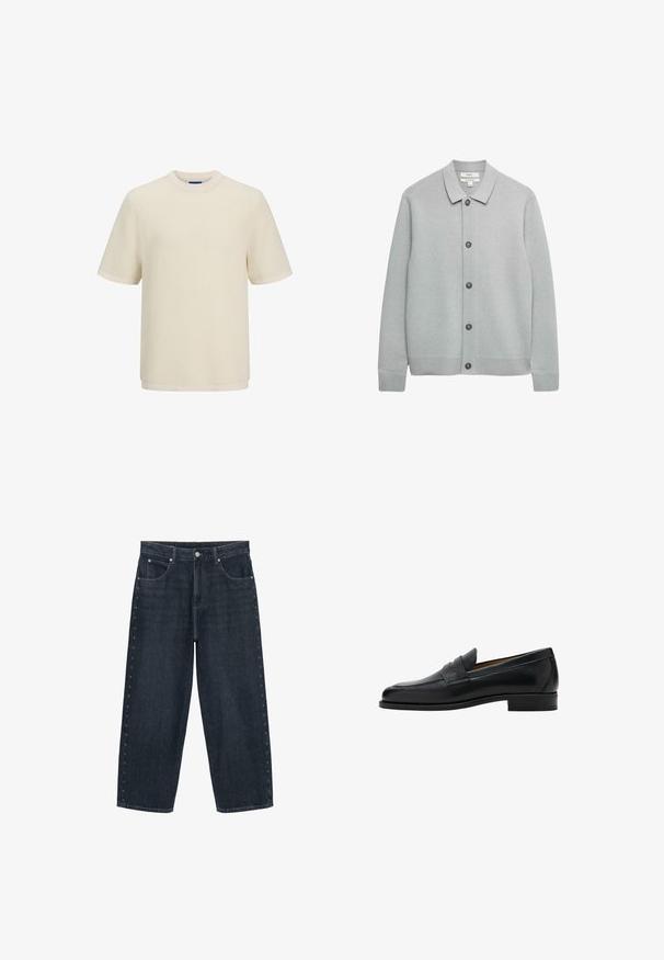 Lysegrå strikket cardigan med flad krave, knaplukning foran, ribbede manchetter og kant. Blød tekstur og enkelt design.; Cremefarvet kortærmet t-shirt i et struktureret strikmønster. Har en rund halsudskæring og en lige kant.; Mørkeblå jeans med brede ben, forlommer, knaplukning og små stjerneformede pyntedetaljer langs ydersømmene på begge ben.; Sort læder penny loafer med lav hæl, rundet tå og rem over den øverste del af skoen.