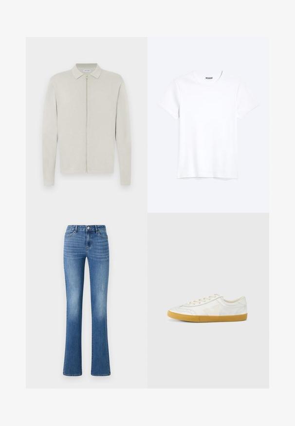 Hellbeige, langärmlige Strickjacke mit Kragen und Reißverschluss vorne, auf weißem, flachem Hintergrund dargestellt.; Schlichtes weißes T-Shirt mit kurzen Ärmeln und Rundhalsausschnitt mit gut sichtbarem WEEKDAY-Label am Kragen, dargestellt auf hellem Hintergrund.; ONLY ONLWAUW MID WAIST - Jeans Slim Fit - medium blue denim; Weißer Ledersneaker mit glatter Textur, beigefarbenem „V“-Logo, rundem Zehenbereich, Schnürdesign und einer Sohle aus Gummireifen.