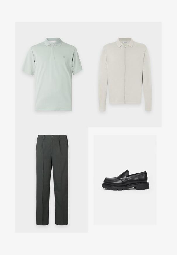 Lys beige, langærmet strikket cardigan med krave og frontlynlås, vist på en flad, hvid baggrund.; Lys grøn polo skjorte med tekstureret krave, kortærmede og broderet emblem på venstre bryst. Blød stoffinish.; Grå skræddersyede bukser med flad front, lige ben design og enkelt knaplukning, lavet af et letvægtsstof.; Sort læderloafer med tyk rillede sål og penny-remdetalje, vist i højre sideprofil på hvid baggrund.