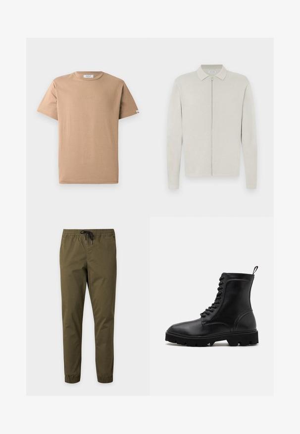 Hellbeige, langärmlige Strickjacke mit Kragen und Reißverschluss vorne, auf weißem, flachem Hintergrund dargestellt.; Beige Baumwoll-T-Shirt mit Rundhalsausschnitt, kurzen Ärmeln und einem dezenten, geprägten "REPLAY"-Logo auf der Vorderseite. Glenzige Textur, lockere Passform.; Olivgrüne Freizeithose mit elastischem Bund und Bündchen, mit schwarzem Kordelzug.; Schwarze Leder-Schnürstiefel mit runder Zehenform, strukturiertem Material, robuster Gummisohle und einem Ziehband an der Rückseite für einfaches Anziehen.