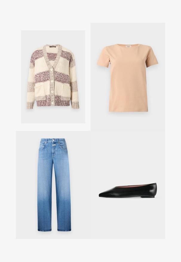 Chunky gebreid vest met crème- en bordeauxkleurige blokken, knoopsluiting, twee steekzakken aan de voorkant en geribde manchetten en zoom.; Beige T-shirt met korte mouwen, ronde hals en rechte zoom op een effen lichtgrijze achtergrond.; Lichtblauwe denim jeans met een wijd ontwerp, met een lichte gradient van lichter naar donkerder aan de onderkant, vijf zakken en riemlussen.; Zwarte leren damesschoen met platte zool, puntige neus en lage hak, zijwaarts afgebeeld tegen een effen lichtgrijze achtergrond.