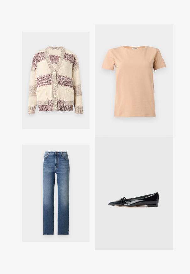 Cardigan en maille épaisse avec des blocs de couleur crème et bordeaux, fermeture à boutons, deux poches avant, poignets et ourlet côtelés.; T-shirt beige manches courtes avec col rond et ourlet droit sur un fond uni gris clair.; Jean bleu moyen taille haute à jambes droites avec bouton frontal, fermeture éclair, et poches avant et arrière sur un fond blanc.; Chaussure plate en cuir verni noir avec un bout pointu, une petite lanière décorative et un petit talon carré. Texture lisse et design épuré.