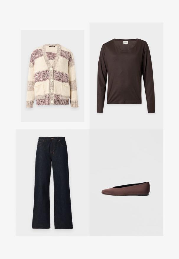 Chunky strikket cardigan med creme- og kirsebærrøde farveblokke, knappelukning, to forlommer samt ribstrikkede ærmegab og kant.; Mørkebrun langærmet skjorte med rund halsudskæring, lige kant og et lille hvidt mærke med teksten "CLOSED" indeni kraven.; Mørkeblå vidde jeans lavet af denim, med orange syninger, to frontlommer og en knaplukning i taljen.; Brune balletflade sko i stof med spids tå og glat tekstur, med lav hælkappe og tynd sort sål. Ingen synlige mønstre eller beslag.