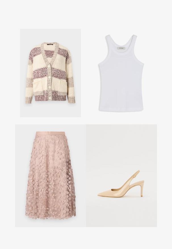 Chunky strikket cardigan med creme- og kirsebærrøde farveblokke, knappelukning, to forlommer samt ribstrikkede ærmegab og kant.; Hvid tank top lavet af glat stof, med en rund halsudskæring og brede skulderstropper, med et mærke indeni, der står "IVY OAK."; Blonder midi-nederdel i blød pink med blomstermotiver, der har en tætsiddende linning og lagdelt design, hvilket fremhæver en delikat struktur.; Nude patenteret læder slingback hæl med spidse tæer, åben vamp og en tynd stiletto hæl. Har et cirkulært guldfarvet element på remmen.