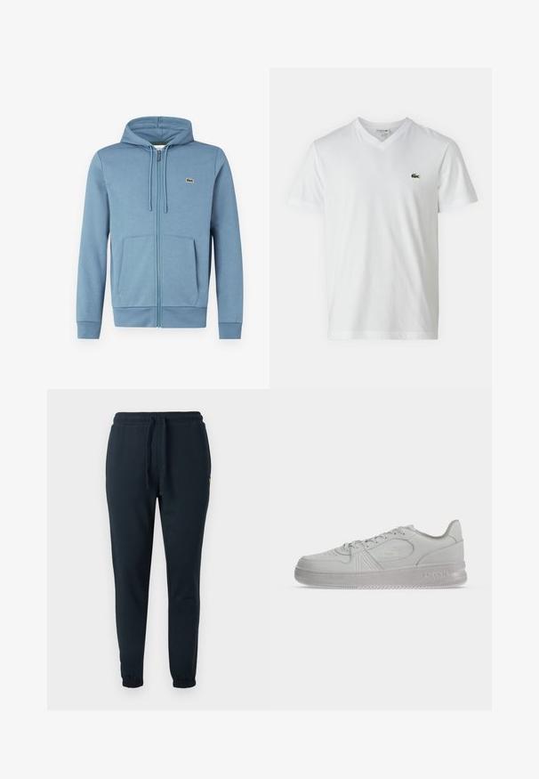 Lyseblå zip-up hoodie lavet af blødt stof. Har en hætte med snore, forlommer og et brandlogo på brystet.; Hvid bomulds T-shirt med V-hals, korte ærmer og et lille grønt krokodillelogo på venstre bryst. Simpelt og let design.; Mørkeblå joggingbukser lavet af bomuldsblanding, med elastisk taljebånd med snøre og manchetter ved anklerne. Lille gul logo detalje.; Hvid lav Lacoste sneaker med snørebånd, præget logo på siden og tekstureret sål på en ensfarvet baggrund.