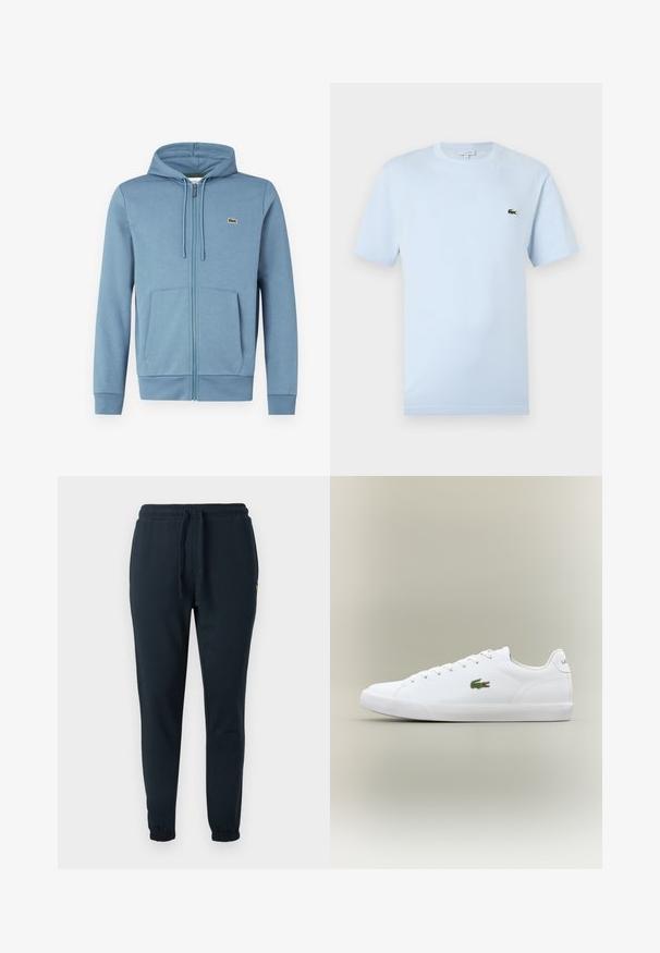 Lyseblå zip-up hoodie lavet af blødt stof. Har en hætte med snore, forlommer og et brandlogo på brystet.; Lyseblå kortærmet T-shirt lavet af blødt bomuldsstof. Har et lille grønt broderet krokodille-logo på brystet.; Mørkeblå joggingbukser lavet af bomuldsblanding, med elastisk taljebånd med snøre og manchetter ved anklerne. Lille gul logo detalje.; Hvide lædersneakers med en tekstureret gummisål, der har et grønt broderet krokodillelogo på siden og minimal branding.