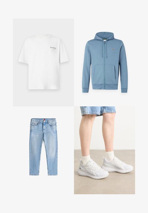 Lyseblå zip-up hoodie lavet af blødt stof. Har en hætte med snore, forlommer og et brandlogo på brystet.; Hvid kortærmet bomulds T-shirt med lille sort "ALLSAINTS" tekst og japanske tegn trykt på venstre bryst.; Lyseblå afslappede jeans med fem lommer, knaplukning og let slid, lagt fladt på en hvid baggrund.; Hvide atletiske sneakers med tekstureret stof og glatte accenter, der har en polstret sål og snørebåndsdesign. Klassisk, minimalistisk stil.