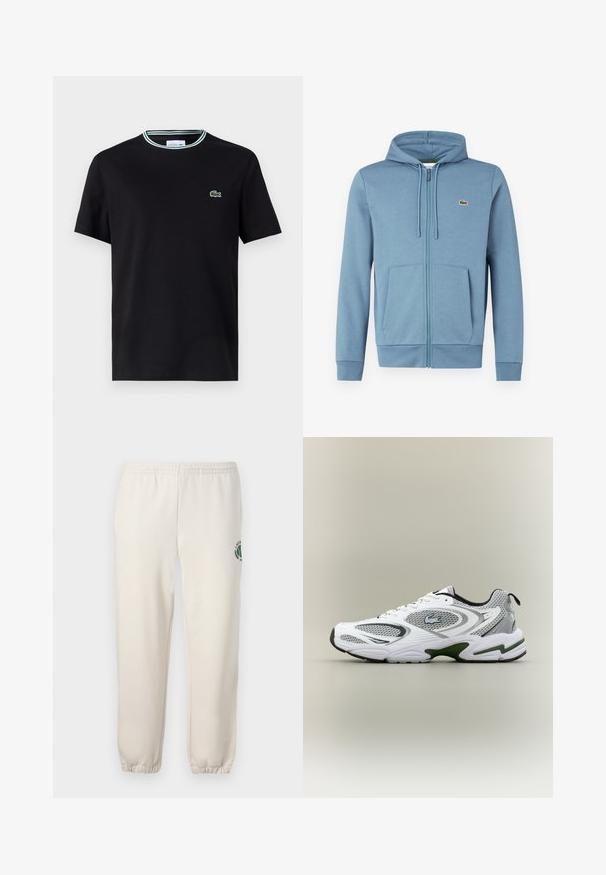 Lyseblå zip-up hoodie lavet af blødt stof. Har en hætte med snore, forlommer og et brandlogo på brystet.; Sort bomulds t-shirt med rund hals, der har en hvid og grøn stribet kant, samt et broderet grønt krokodille-logo på venstre bryst.; Lys beige sweatpants lavet af bomuld, med elastisk talje, ribbede mansjetter og et grønt logo med bladdesign på venstre ben.; Hvid og grå sporty løbesko med mesh-paneler, grønne detaljer, sorte elementer og et logo på siden, vist fra ydersiden.